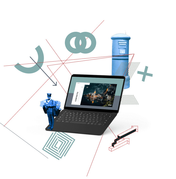 Infografía de contacto con figuras geométricas y con imágenes del correo tradicional, junto con la evolución hacia el email.