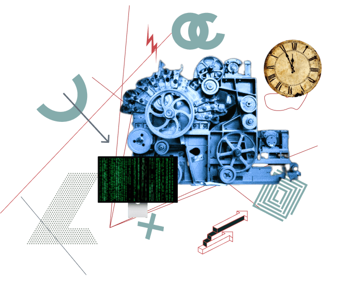 mantenimiento wordpress-infografía donde se ve los engranajes de maquinaria antigua y una pantalla con codigo HTML. Mantenimiento antiguo y moderno