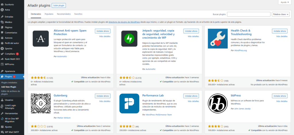 Pantalla para añadir un plugin a WordPress