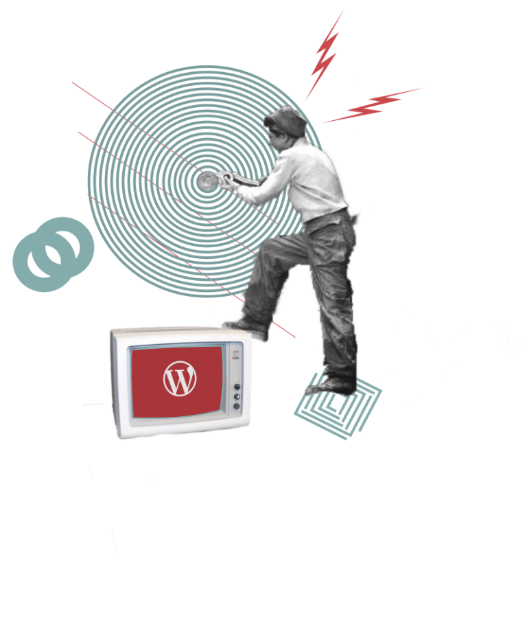 Mantenimiento WordPress representado con un operario realizando tareas de mantenimiento junto a un monitor WordPress